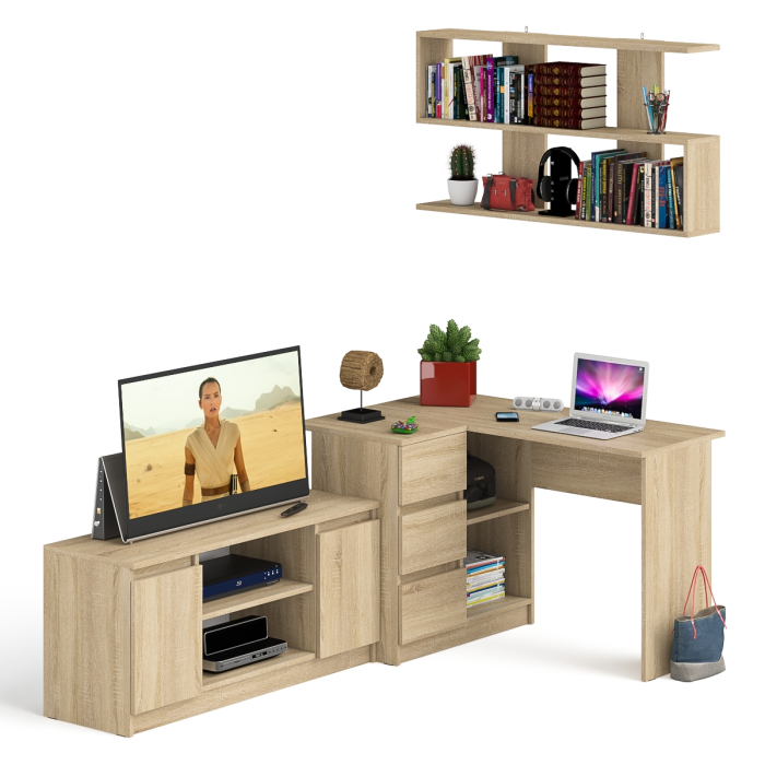 Домашние кабинеты, Угловой стол компьютерный Мори МС-16 левый с тумбой под ТВ и полкой для книг