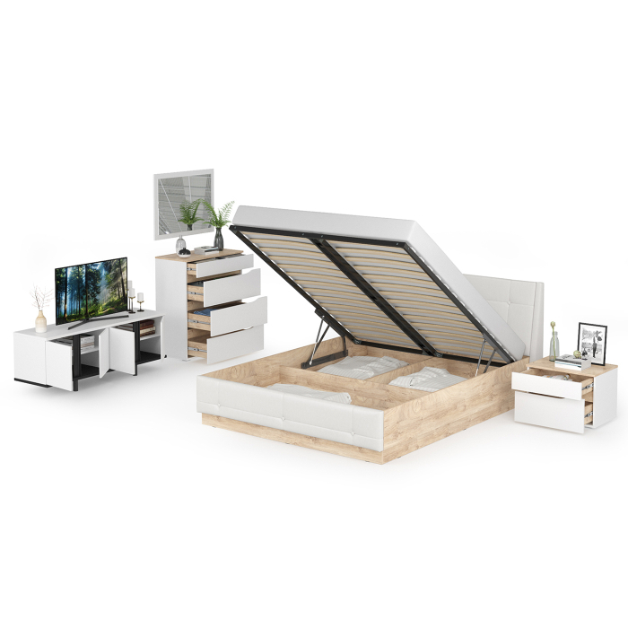 Спальные гарнитуры, Комплект мебели Муссон № 19 белый/чёрный/дуб эндгрейн/иск.к белая, 1600х2000 мм