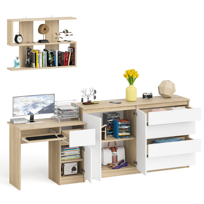 Домашние кабинеты, Тумба-комод с дверками и ящиками на 1600 со столом с тумбой и ящиком справа и навсеной полкой Мори