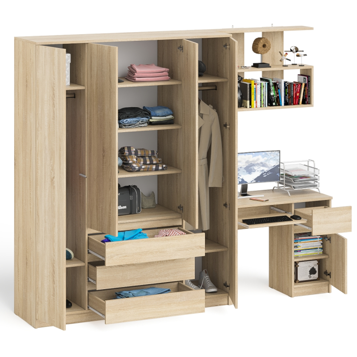 Домашние кабинеты, Стол компьютерный с тумбой справа с большим шкафом Мори МШ1600.1 и полкой открытой