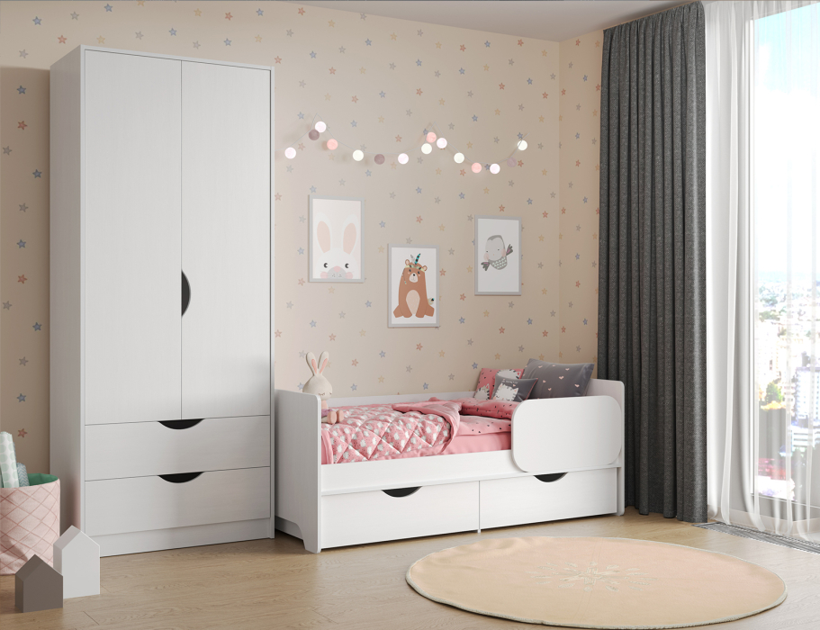 Для девочек, Кровать детская с ящиками со шкафом Mobi Уна белый (Поры дерева), сп. м. 800х1600 мм