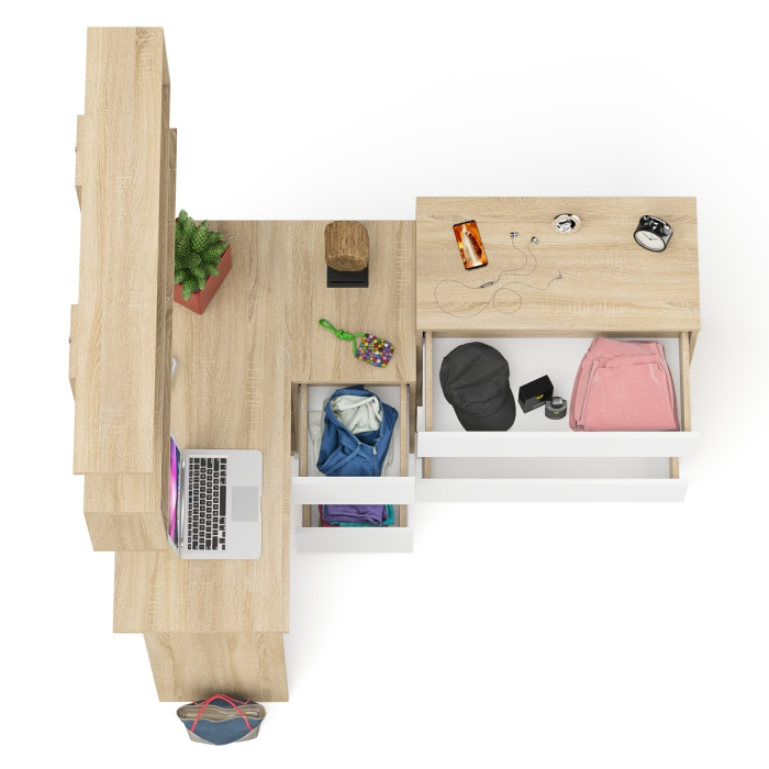 Домашние кабинеты, Книжная навесная полка Мори с угловым компьютерным столом МС-16 правым и комодом Мори МК800.4