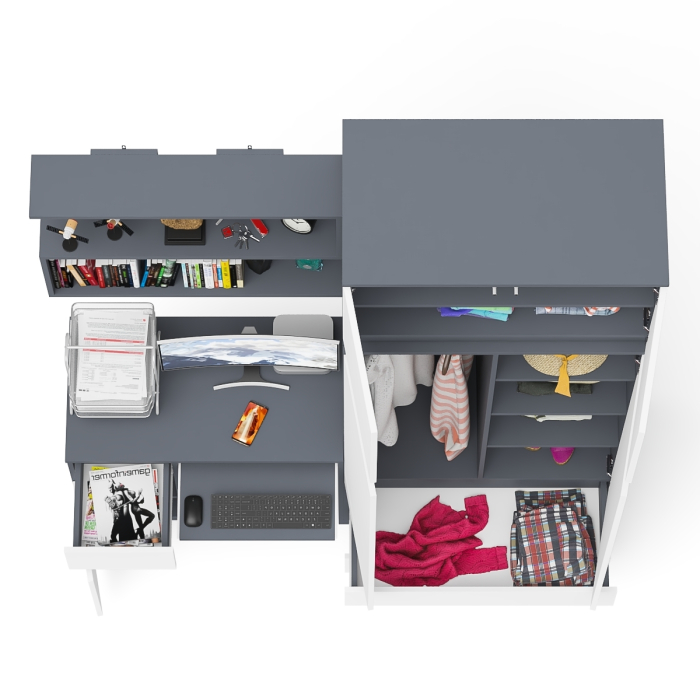 Домашние кабинеты, Стол однотумбовый Мори МС-1 левый с полкой навесной и комодом-шкафом с антресолью