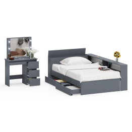 Кровать с прикроватным блоком с ящиками Ксения 1200 и туалетный столик с подсветкой Сура