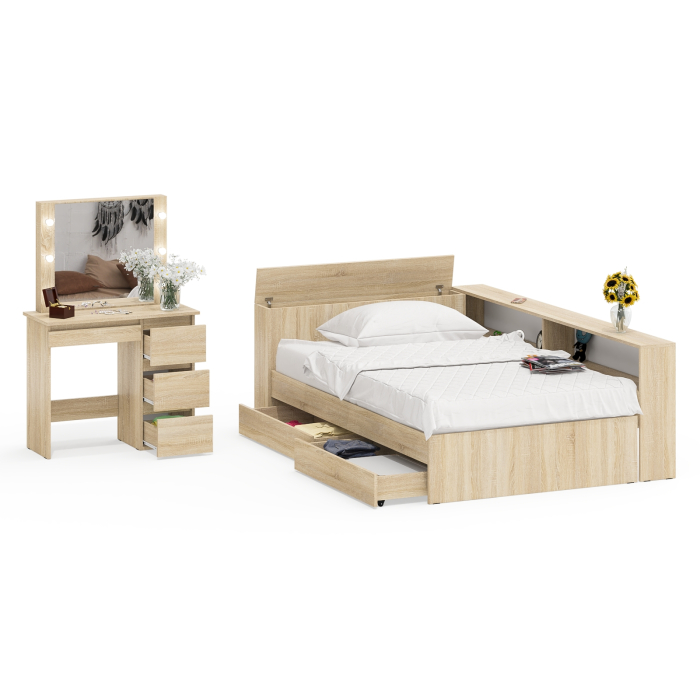 Спальные гарнитуры, Кровать с прикроватным блоком с ящиками Ксения 1200 и туалетный столик с подсветкой Сура