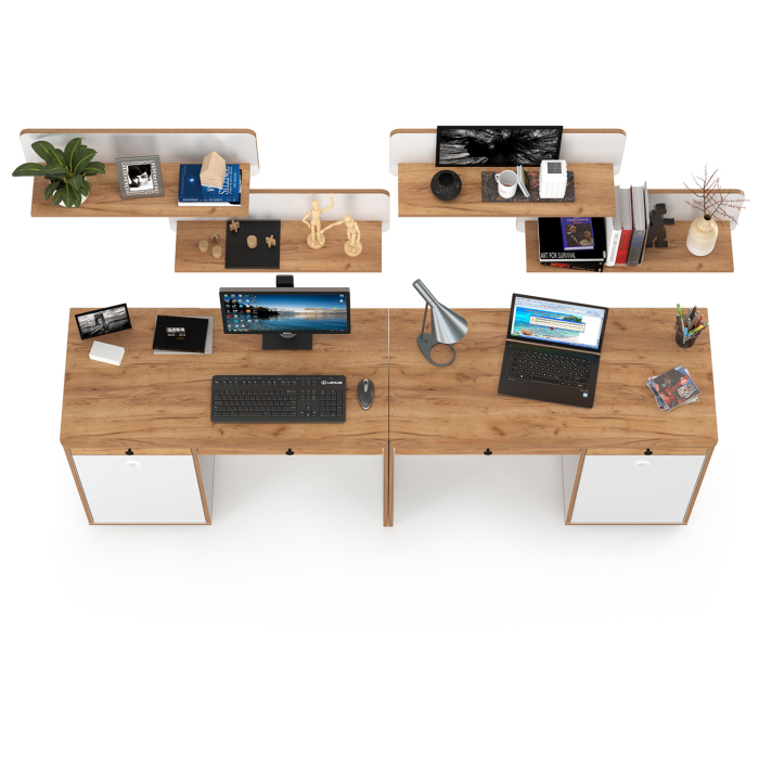 Офисная мебель, Столы письменные и четыре открытых полки для двоих детей Вуди