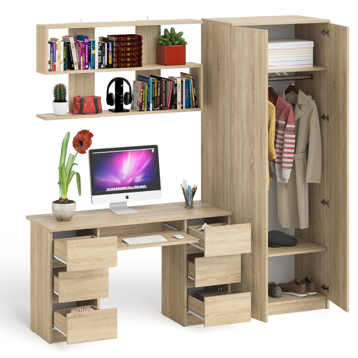 Домашние кабинеты, Платяной шкаф две двери Мори МШ800.1 с компьютерным столом и полкой навесной