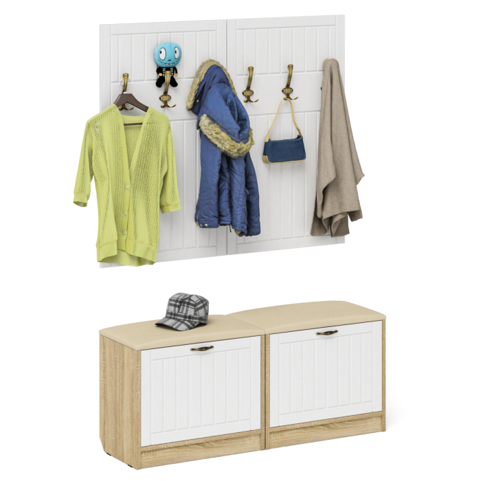 Прихожие, Две обувницы с мягким сиденьем с двумя вешалками для одежды П-6 МДФ фрезеровка прованс