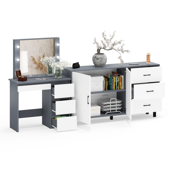 С зеркалом, Косметический столик Сура с зеркалом и подсветкой и с тумбой-комодом 123-1604