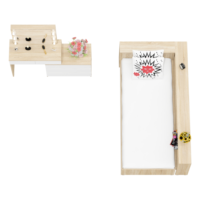 Спальные гарнитуры, Столик косметический с лампочками 110 и Ксения 900 односпальная кровать с ящиками и прикроватным блоком