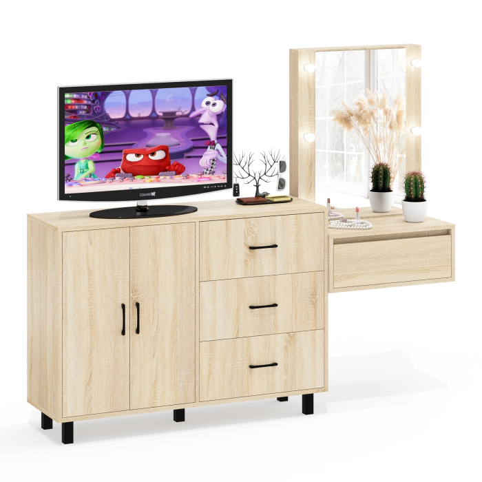 С зеркалом, Стол косметический навесной с подсветкой и тумба-комод 123-1204.