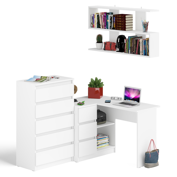 Домашние кабинеты, Угловой компьютерный стол Мори МС-16 левый с навесной полкой и высоким комодом на 5-ть ящиков