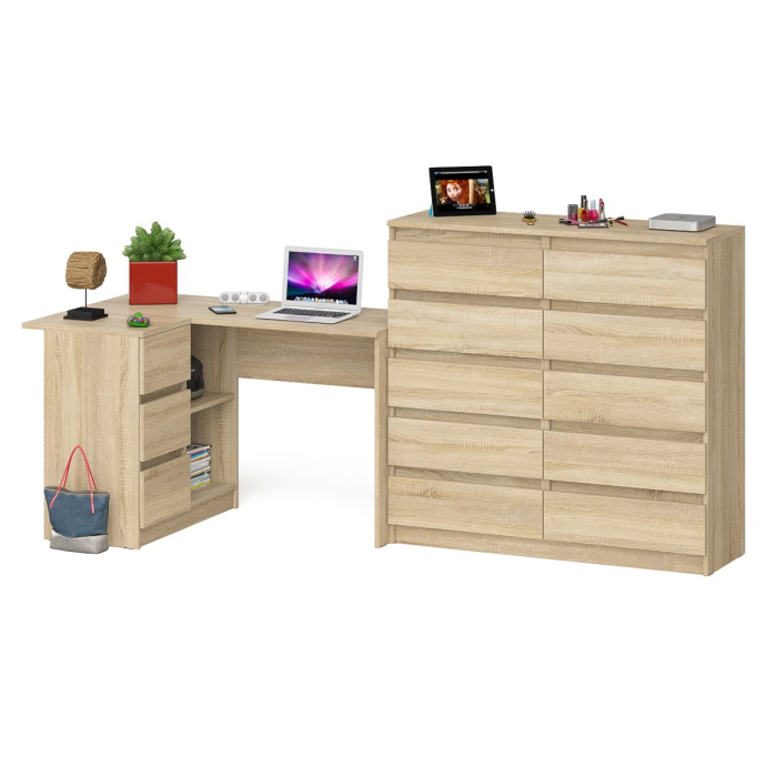 Компьютерные столы, Компьютерный стол угловой МС-16 с тумбой слева с высоким комодом 10-ть ящиков Мори