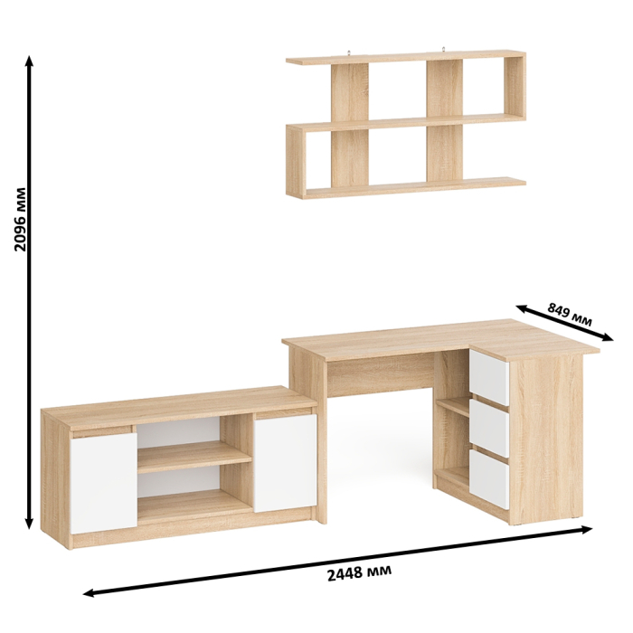 Домашние кабинеты, Стол угловой компьютерный Мори МС-16 правый с книжной полкой и ТВ-тумбой МТВ1200.1