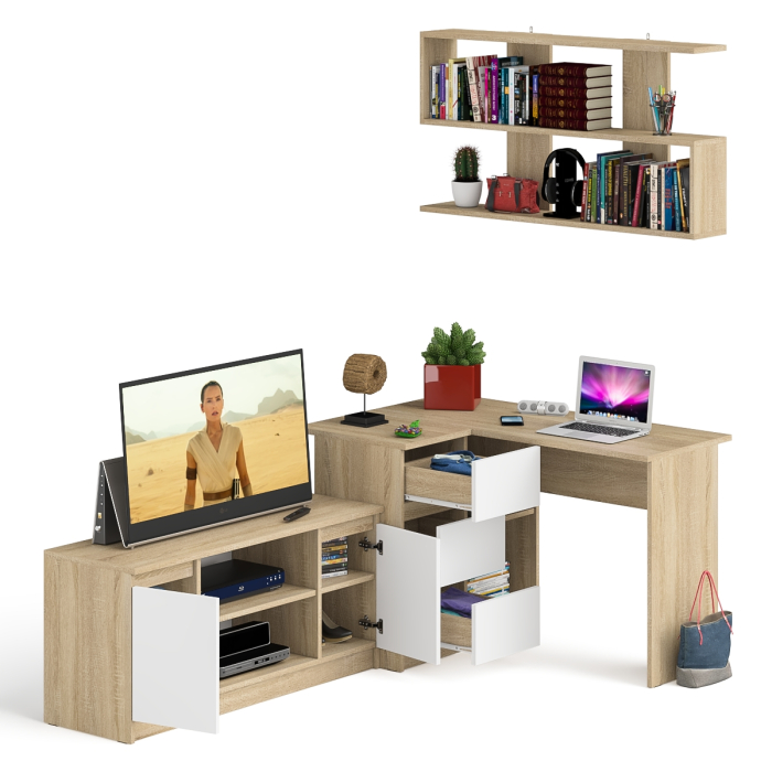 Домашние кабинеты, Угловой стол компьютерный Мори МС-16 левый с тумбой под ТВ и полкой для книг