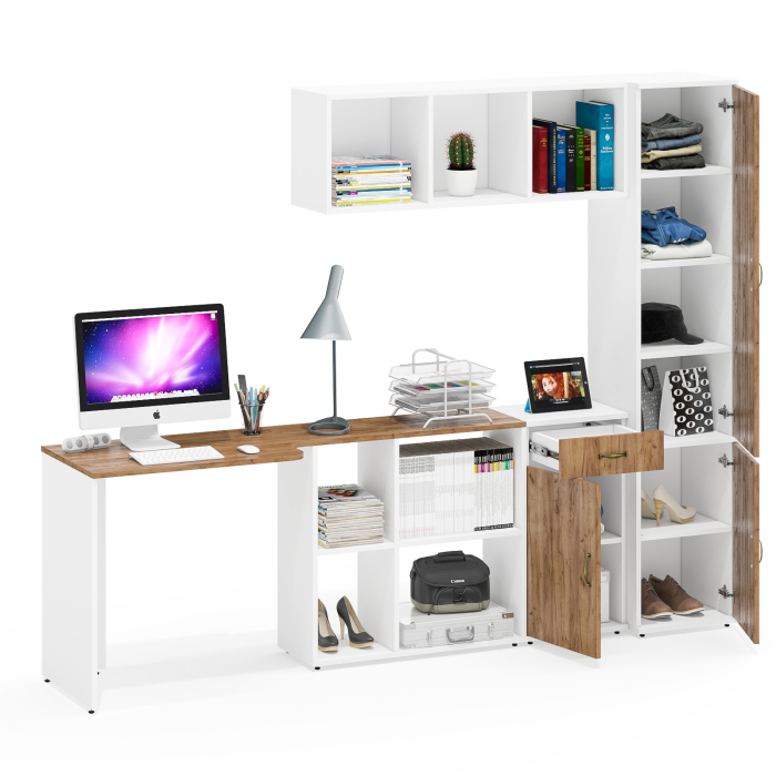 Домашние кабинеты, Пенал для белья с пятью полками Лидер-8 со столом для письма с полкой и тумбой