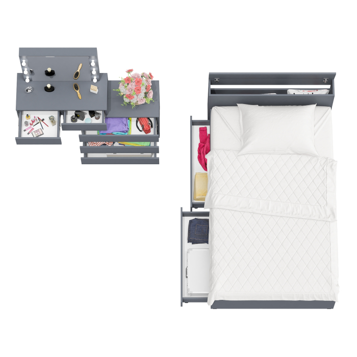 Спальные гарнитуры, Столик туалетный с лампочками 110 с полутораспальной кроватью с ящиками Ксения 1200