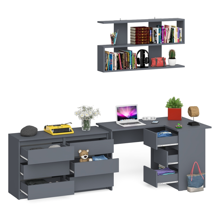 Домашние кабинеты, Стол угловой компьютерный Мори МС-16 правый с книжной полкой и комодом на шесть ящиков