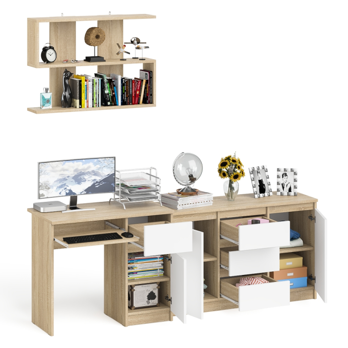 Домашние кабинеты, Компьютерный стол МС-1 тумба справа с комодом-тумбой и верхней открытой полкой