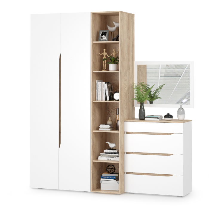 В гостиную, Комплект Муссон Шк+Ст+Ком+Зеркало белый/дуб эндгрейн элегантный