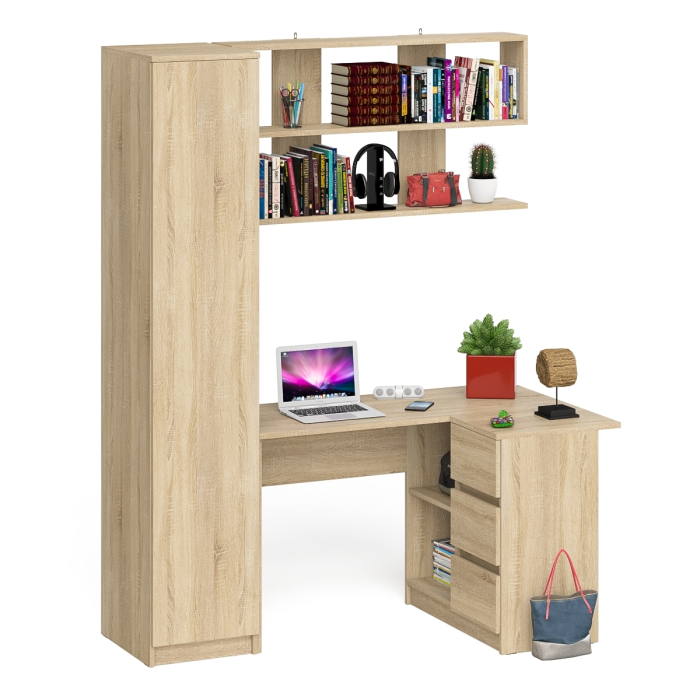Домашние кабинеты, Стол угловой компьютерный Мори МС-16 правый с пеналом с полками и навесной открытой полкой 1200