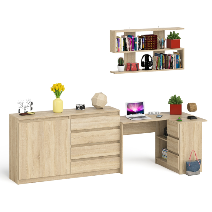 Домашние кабинеты, Тумба-комод МК1600.1 Мори с навесной книжной полкой и угловой компьютерный стол МС-16 правый