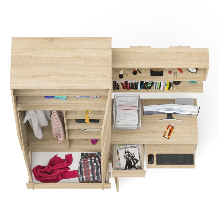 Домашние кабинеты, Стол однотумбовый Мори МС-1 левый с полкой навесной и комодом-шкафом с антресолью