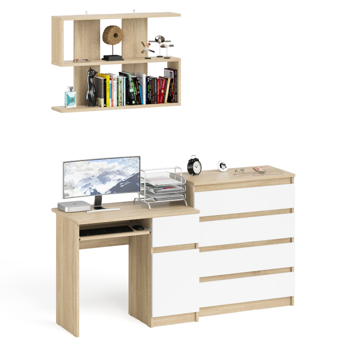 Прямые компьютерные столы, Комод Мори четыре ящика на 800 с компьютерным однотумбовым столом МС-1 правый и навесной полкой