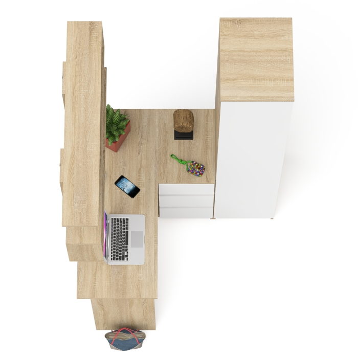 Домашние кабинеты, Стол угловой компьютерный Мори МС-16 правый с пеналом с полками и навесной открытой полкой 1200