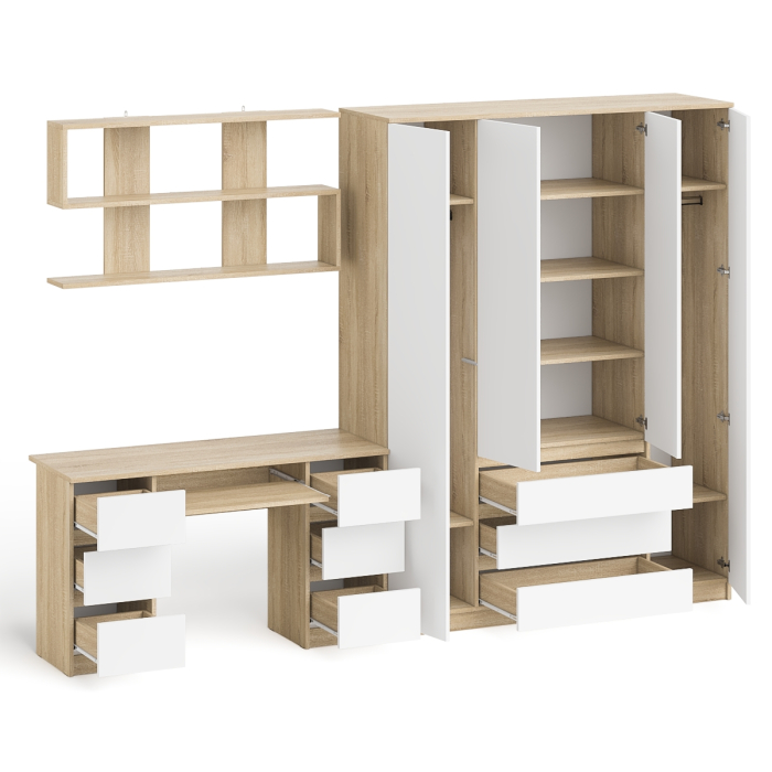 Домашние кабинеты, Большой 4-х дверный шкаф-комод Мори МШ1600.1 и стол с верхней навесной полкой