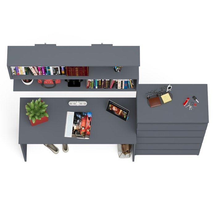 Прямые компьютерные столы, Комод высокий Мори пять выдвижных ящиков со столом для работы на 1200 и навесной полкой 1200