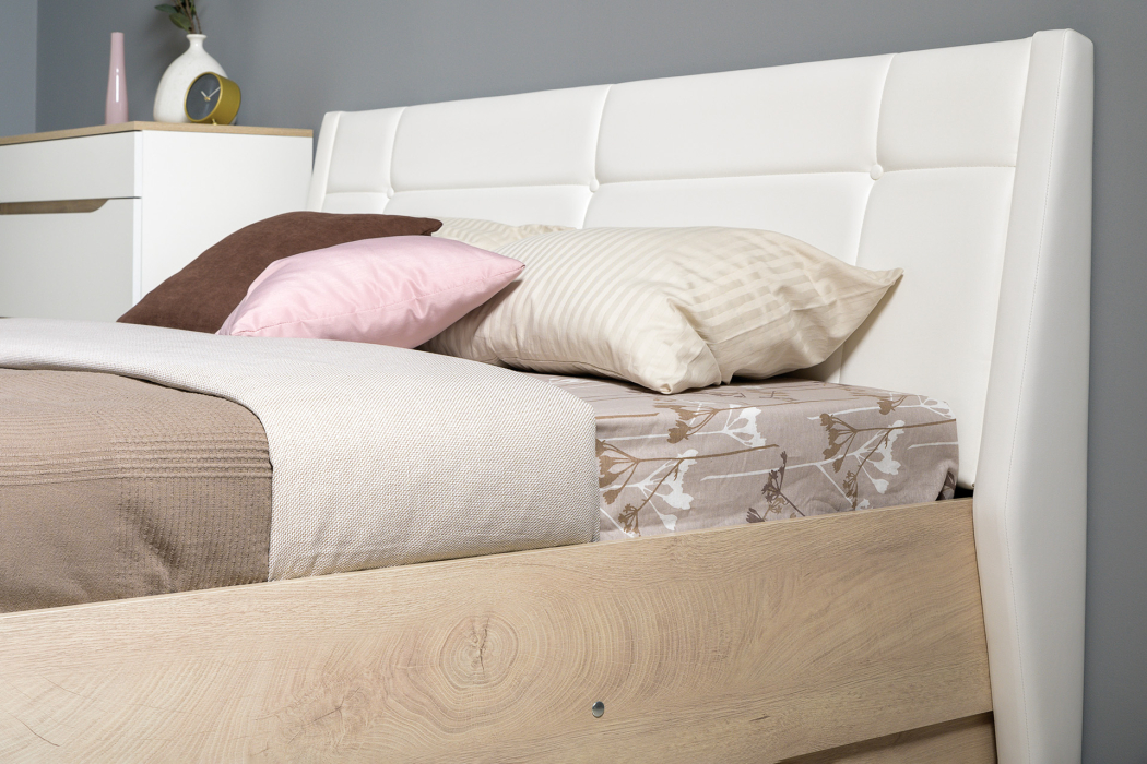 Спальные гарнитуры, Спальный гарнитур Муссон № 22 белый/чёрный/дуб эндгрейн/иск.к белая, 1600х2000 мм