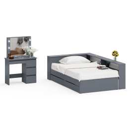 Кровать с прикроватным блоком с ящиками Ксения 1200 и туалетный столик с подсветкой Сура