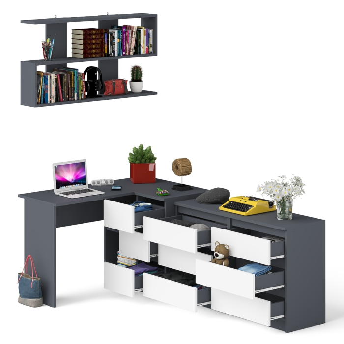 Домашние кабинеты, Стол угловой компьютерный Мори МС-16 правый с книжной полкой и комодом на шесть ящиков