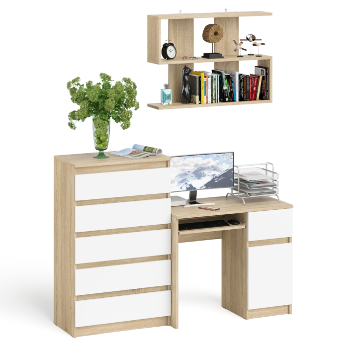 Домашние кабинеты, Стол компьютерный Мори МС-1 правый с высоким комодом на пять ящиков и навесной полкой