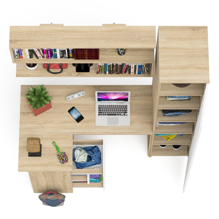 Домашние кабинеты, Угловой компьютерный стол с ящиками Мори МС-16 левый с книжной полкой и пеналом с полками