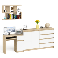 Домашние кабинеты, Тумба-комод с дверками и ящиками на 1600 со столом с тумбой и ящиком справа и навсеной полкой Мори