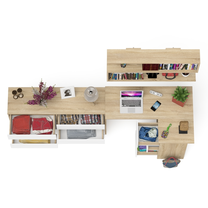 Домашние кабинеты, Комод широкий 6-ть ящиков Мори МК1380.6 с угловым компьютерным столом МС-16 правым и открытой книжной полкой