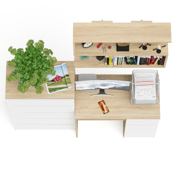 Домашние кабинеты, Стол компьютерный Мори МС-1 правый с высоким комодом на пять ящиков и навесной полкой