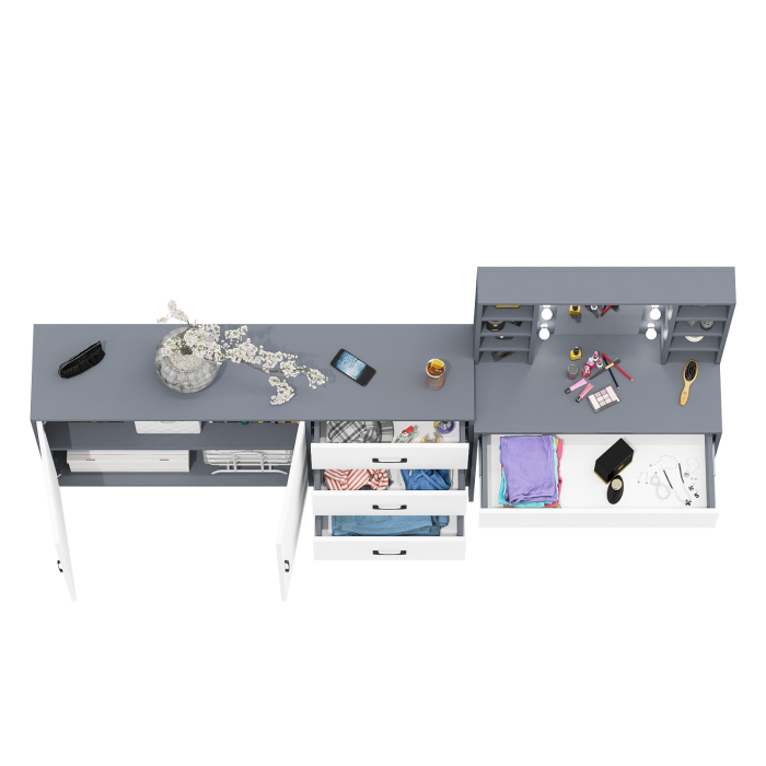 С зеркалом, Косметический cтол с подсветкой и ящиком 115 и комод 123-1604