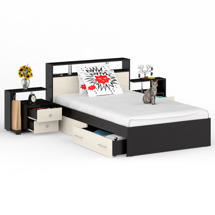 Спальные гарнитуры, Кровать с ящиками Камелия 1200 с двумя прикроватными тумбами