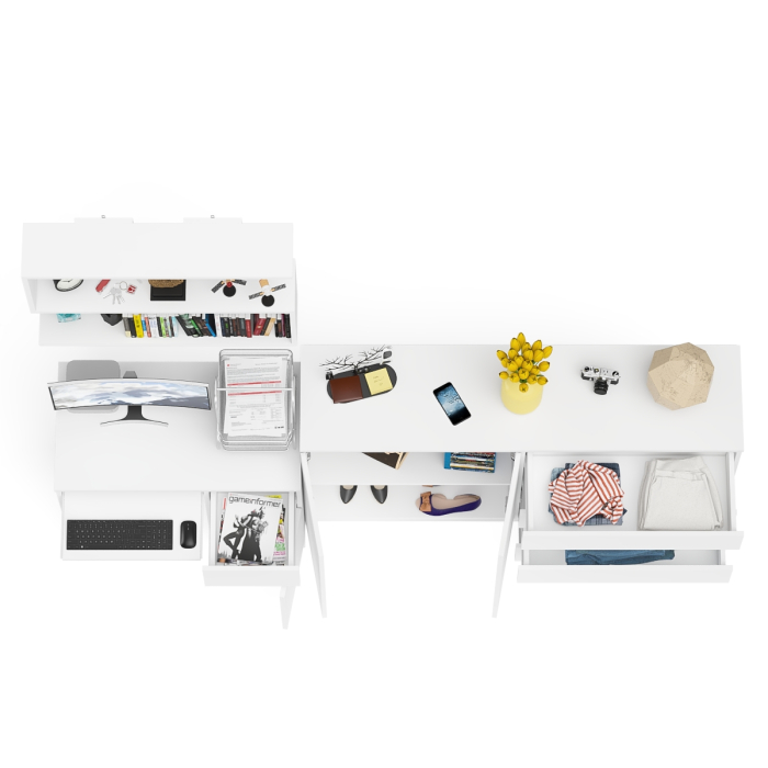 Домашние кабинеты, Тумба-комод с дверками и ящиками на 1600 со столом с тумбой и ящиком справа и навсеной полкой Мори