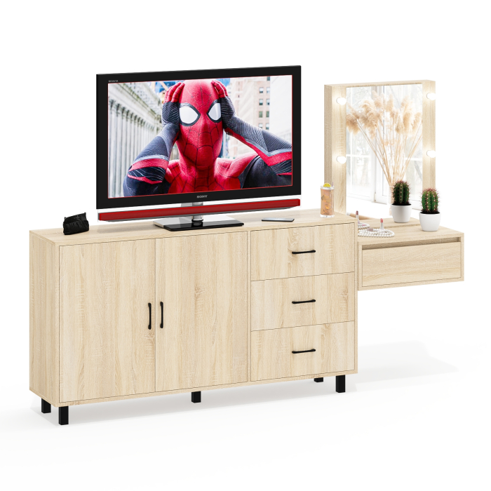 С зеркалом, Косметический навесной столик с подсветкой и комод с ящиками и дверками 123-1604