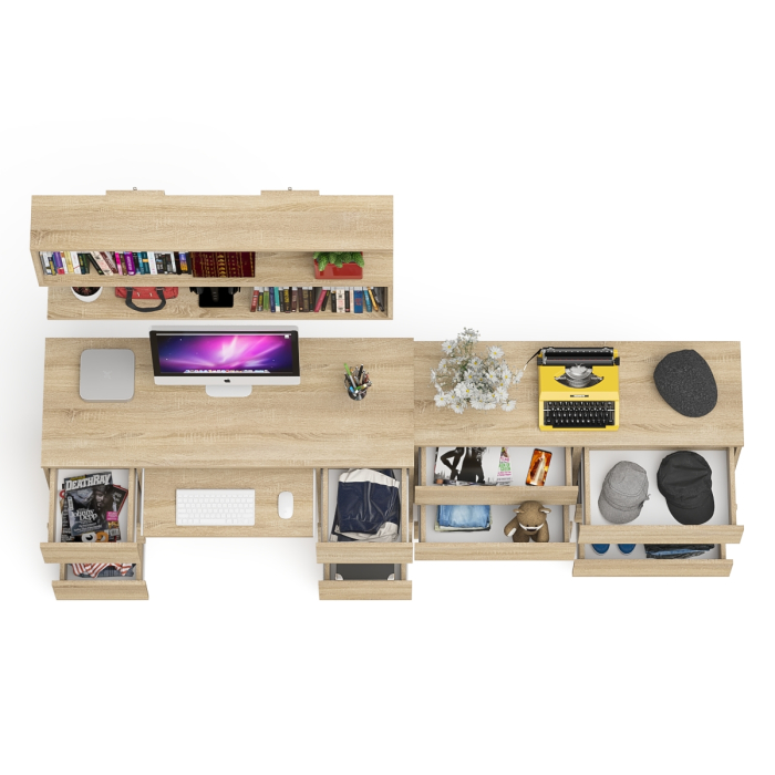 Домашние кабинеты, Широкий комод Мори на шесть ящиков с двутумбовым столом МС-2 и открытой полкой