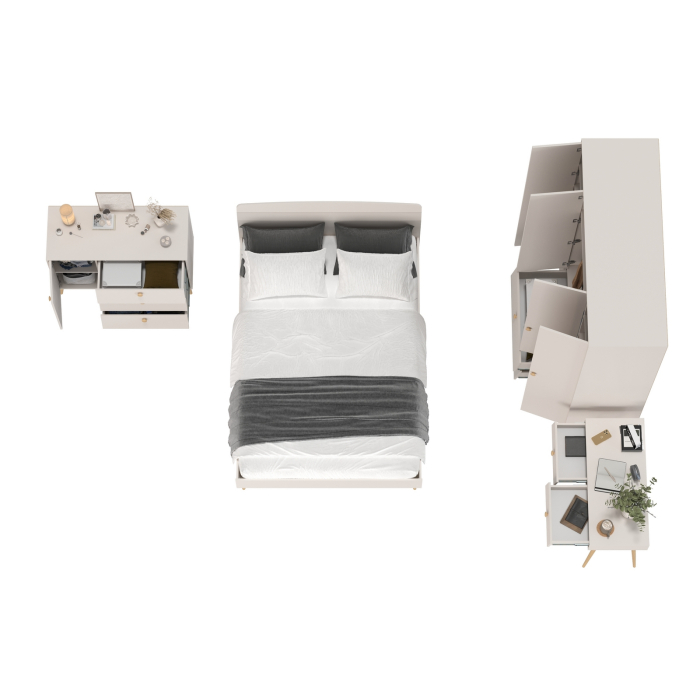 Спальные гарнитуры, Столик на ножках с кроватью Афина 1400 со шкафом 4-ре двери и комодом с ящиками