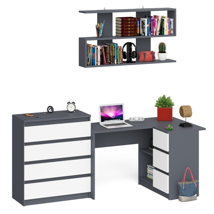 Домашние кабинеты, Книжная навесная полка Мори с угловым компьютерным столом МС-16 правым и комодом Мори МК800.4