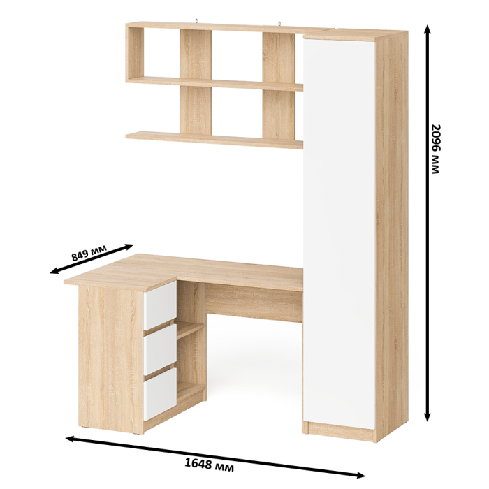 Домашние кабинеты, Угловой компьютерный стол с ящиками Мори МС-16 левый с книжной полкой и пеналом с полками