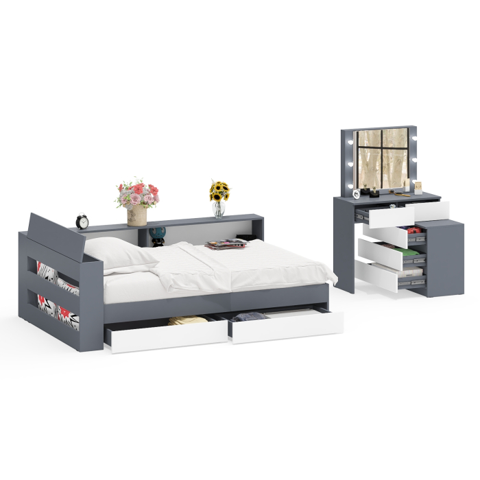 Спальные гарнитуры, Туалетный столик для спальни с подсветкой 110 и Ксения кровать 1200 с ящиками и прикроватный блок