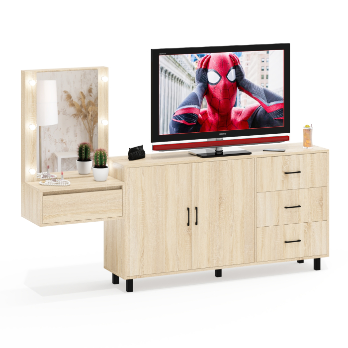 С зеркалом, Косметический навесной столик с подсветкой и комод с ящиками и дверками 123-1604