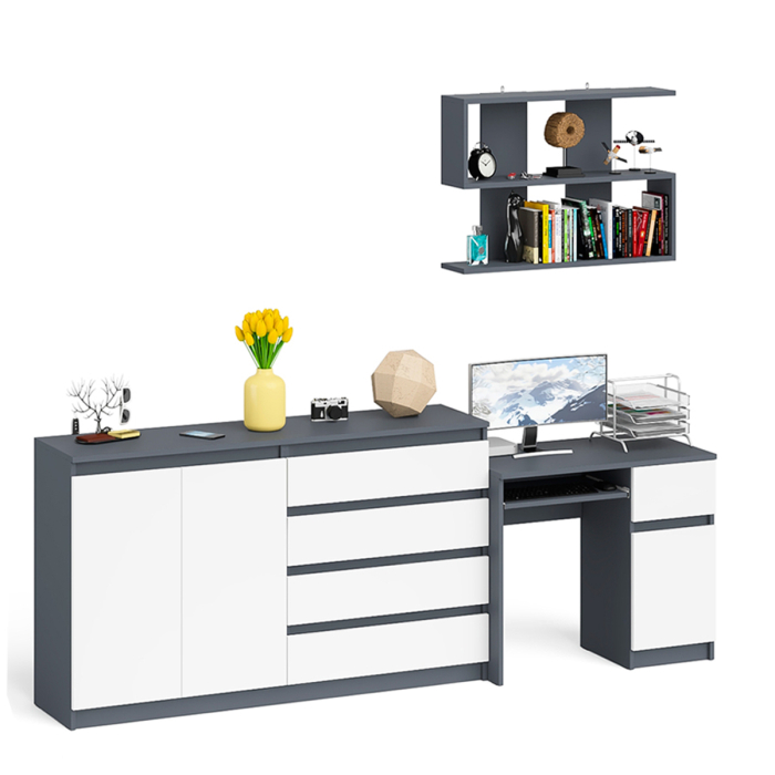 Домашние кабинеты, Тумба-комод с дверками и ящиками на 1600 со столом с тумбой и ящиком справа и навсеной полкой Мори